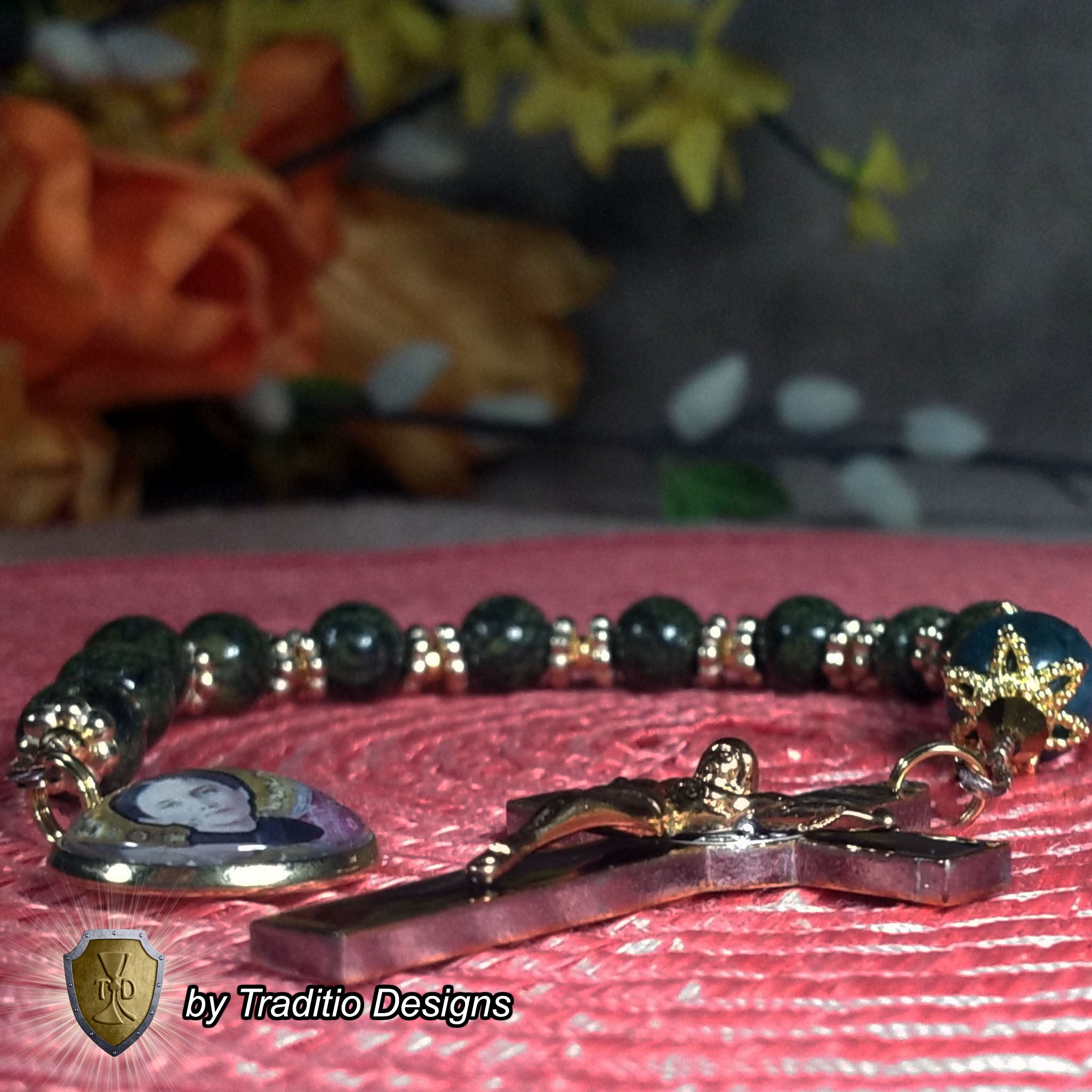 St. Gemma Galgani Limited Edition Decade Relic Rosary | 18K Gold | Green Snowflake Obsidian & Amazonite | 3rd Class Relic
