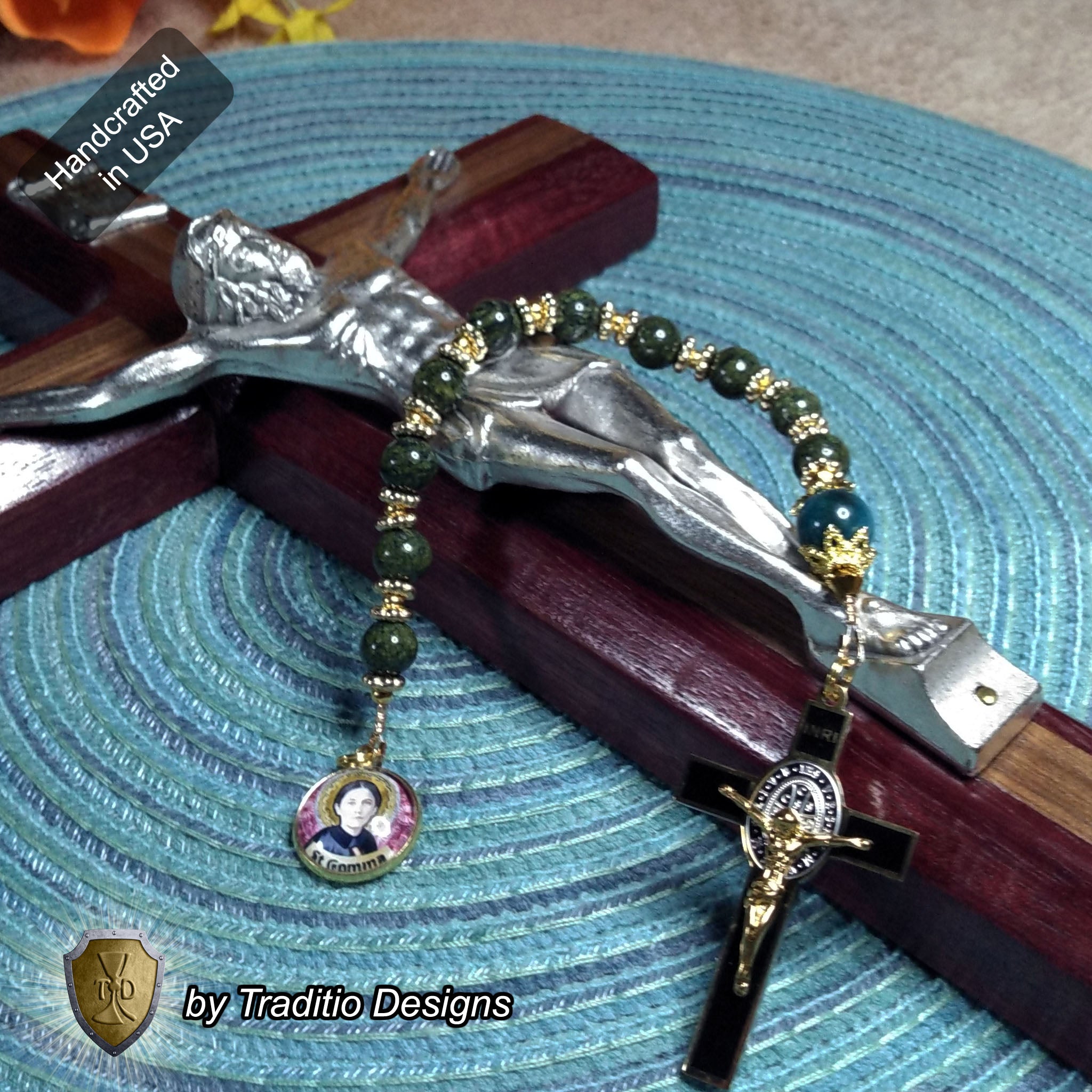 St. Gemma Galgani Limited Edition Decade Relic Rosary | 18K Gold | Green Snowflake Obsidian & Amazonite | 3rd Class Relic