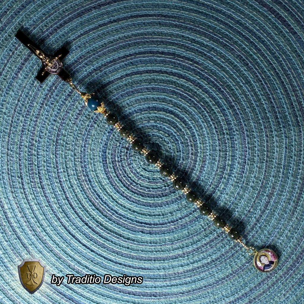 St. Gemma Galgani Limited Edition Decade Relic Rosary | 18K Gold | Green Snowflake Obsidian & Amazonite | 3rd Class Relic