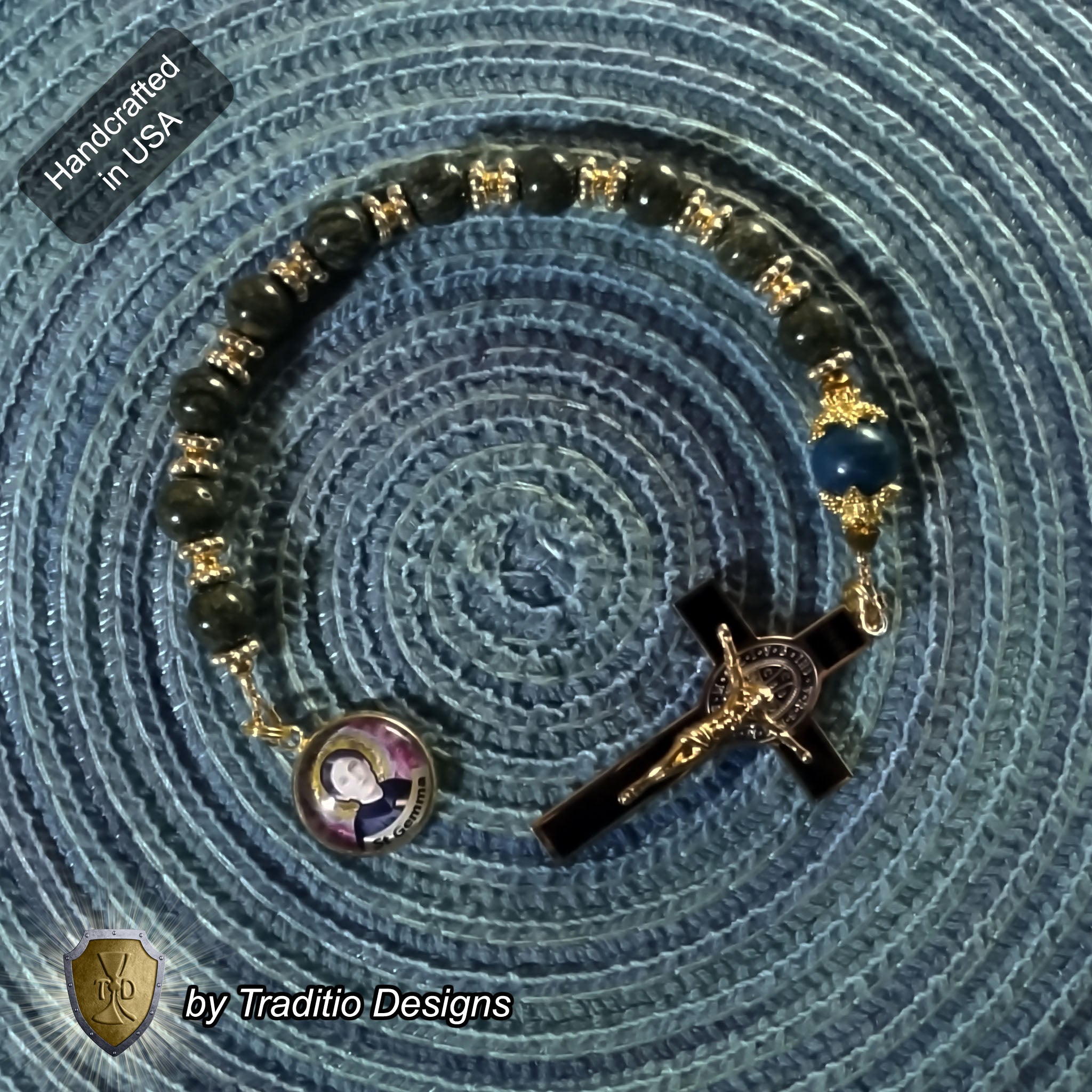 St. Gemma Galgani Limited Edition Decade Relic Rosary | 18K Gold | Green Snowflake Obsidian & Amazonite | 3rd Class Relic