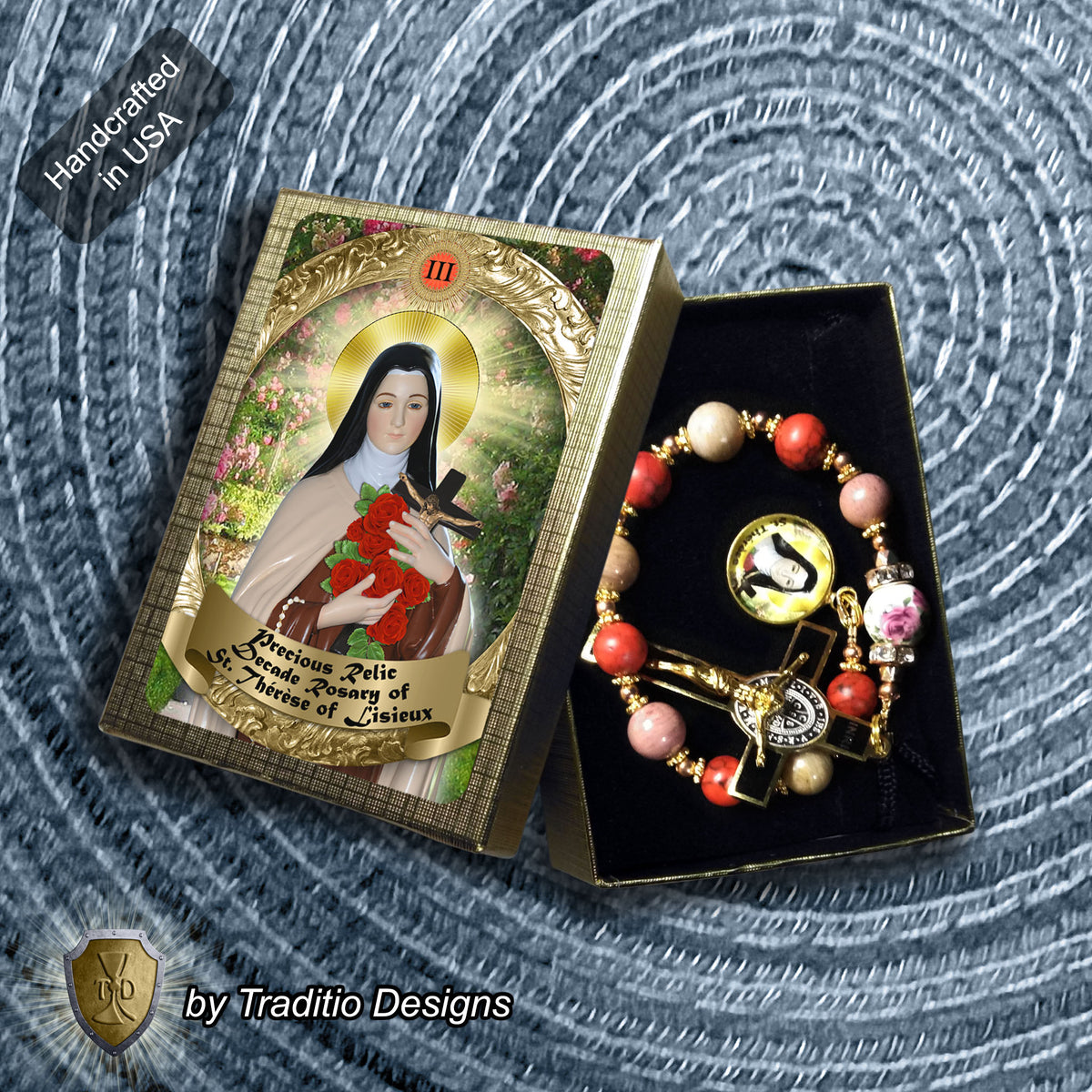 St. Thérèse of Lisieux Limited Edition Royal Decade Relic Rosary | Missionaries, Florists, Loss of Parents & Illness | 18K Gold | Rhodochrosite & Porcelain Roses | 3rd Class Relic