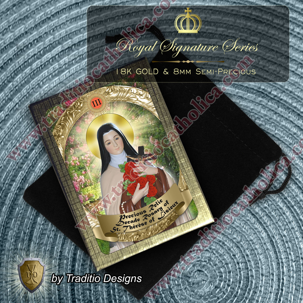 St. Thérèse of Lisieux Limited Edition Royal Decade Relic Rosary | Missionaries, Florists, Loss of Parents & Illness | 18K Gold | Rhodochrosite & Porcelain Roses | 3rd Class Relic