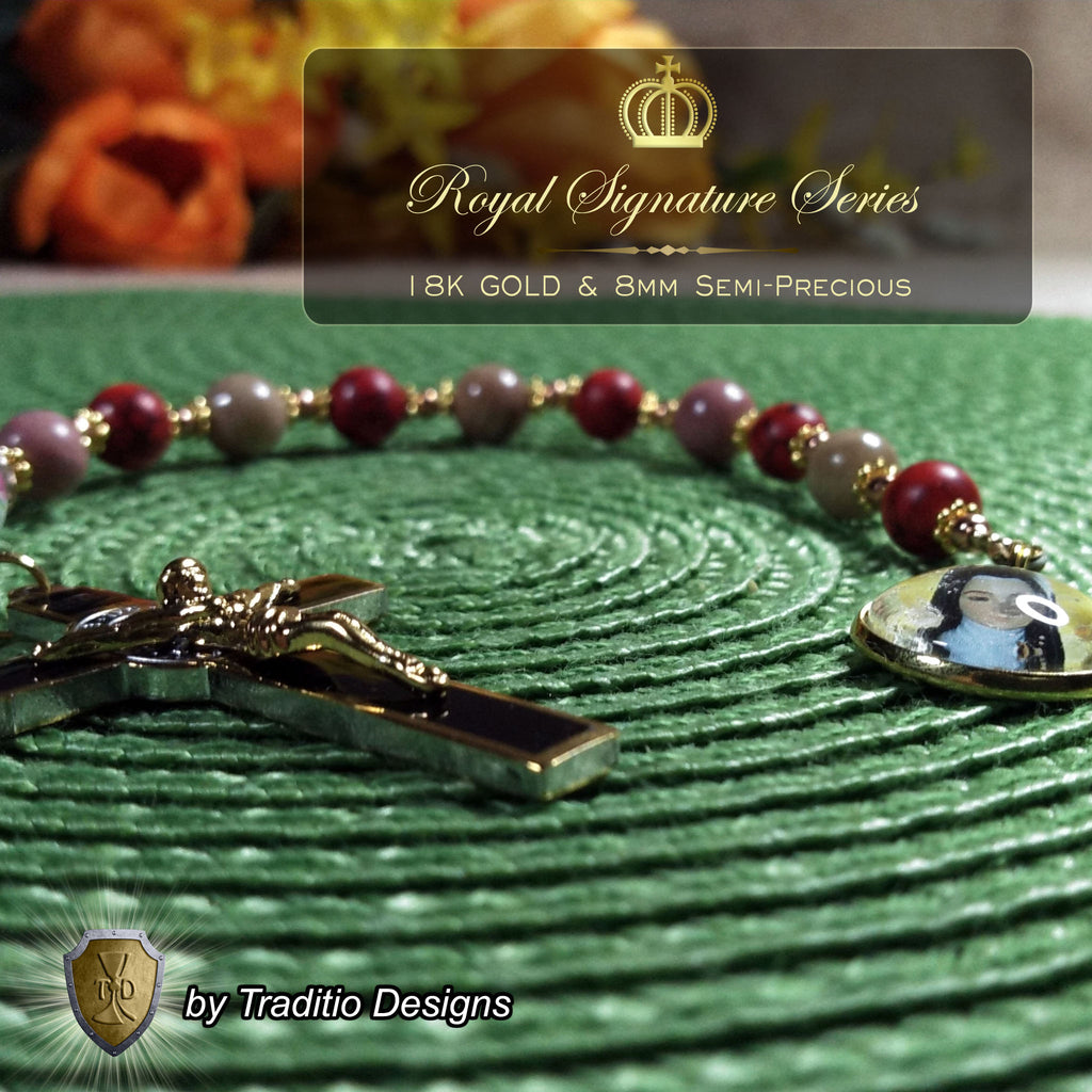 St. Thérèse of Lisieux Limited Edition Royal Decade Relic Rosary | Missionaries, Florists, Loss of Parents & Illness | 18K Gold | Rhodochrosite & Porcelain Roses | 3rd Class Relic
