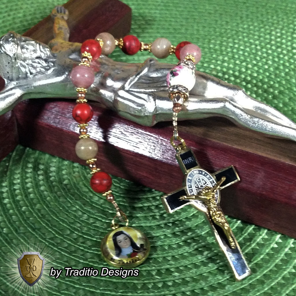 St. Thérèse of Lisieux Limited Edition Royal Decade Relic Rosary | Missionaries, Florists, Loss of Parents & Illness | 18K Gold | Rhodochrosite & Porcelain Roses | 3rd Class Relic