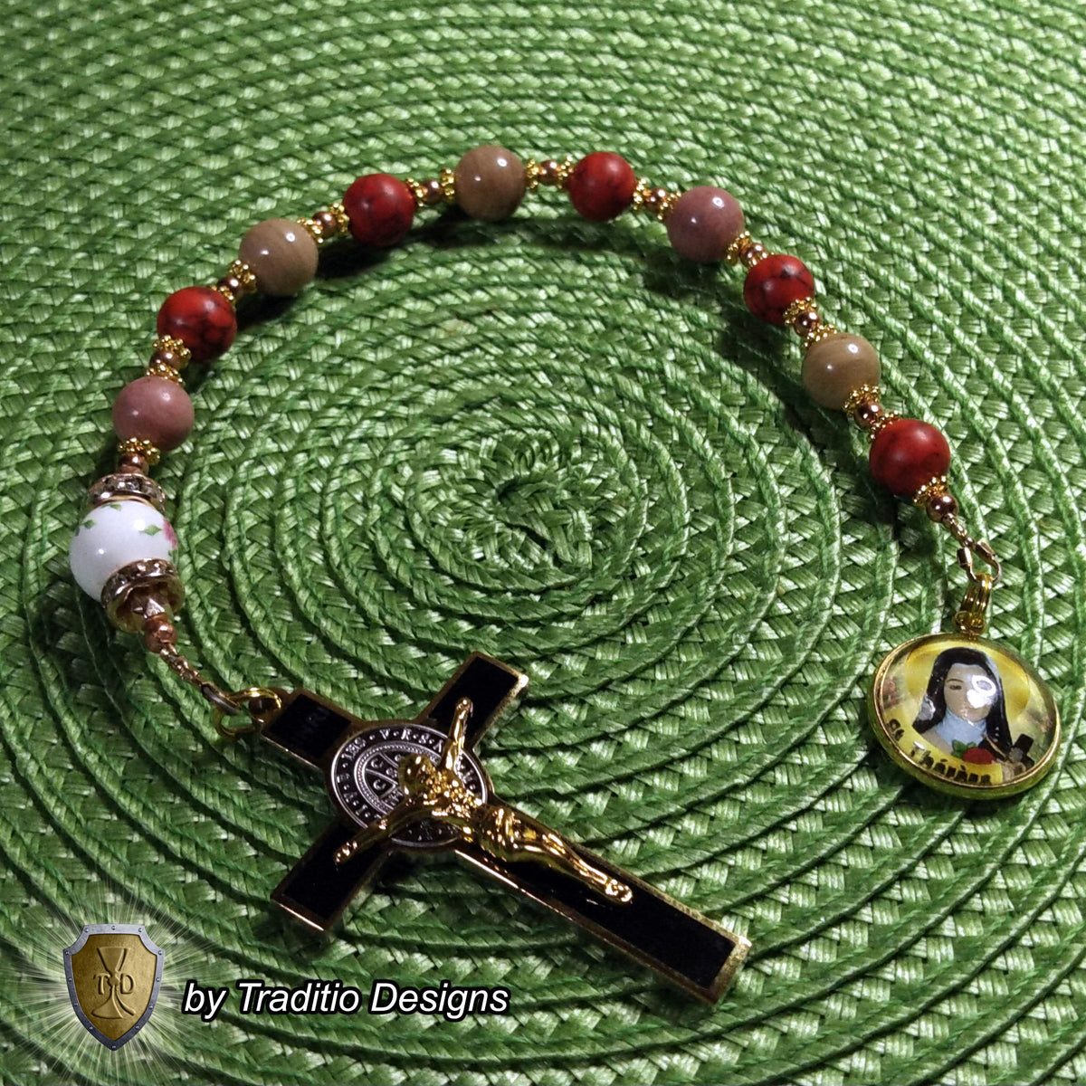 St. Thérèse of Lisieux Limited Edition Royal Decade Relic Rosary | Missionaries, Florists, Loss of Parents & Illness | 18K Gold | Rhodochrosite & Porcelain Roses | 3rd Class Relic