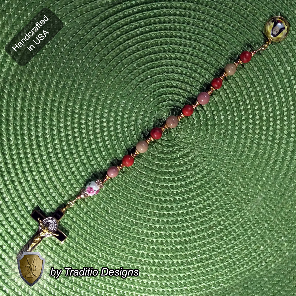 St. Thérèse of Lisieux Limited Edition Royal Decade Relic Rosary | Missionaries, Florists, Loss of Parents & Illness | 18K Gold | Rhodochrosite & Porcelain Roses | 3rd Class Relic