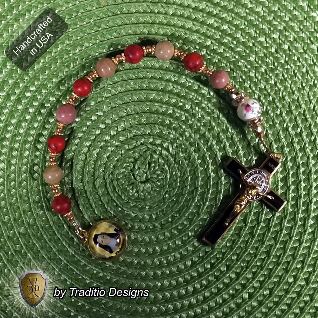 St. Thérèse of Lisieux Limited Edition Royal Decade Relic Rosary | Missionaries, Florists, Loss of Parents & Illness | 18K Gold | Rhodochrosite & Porcelain Roses | 3rd Class Relic