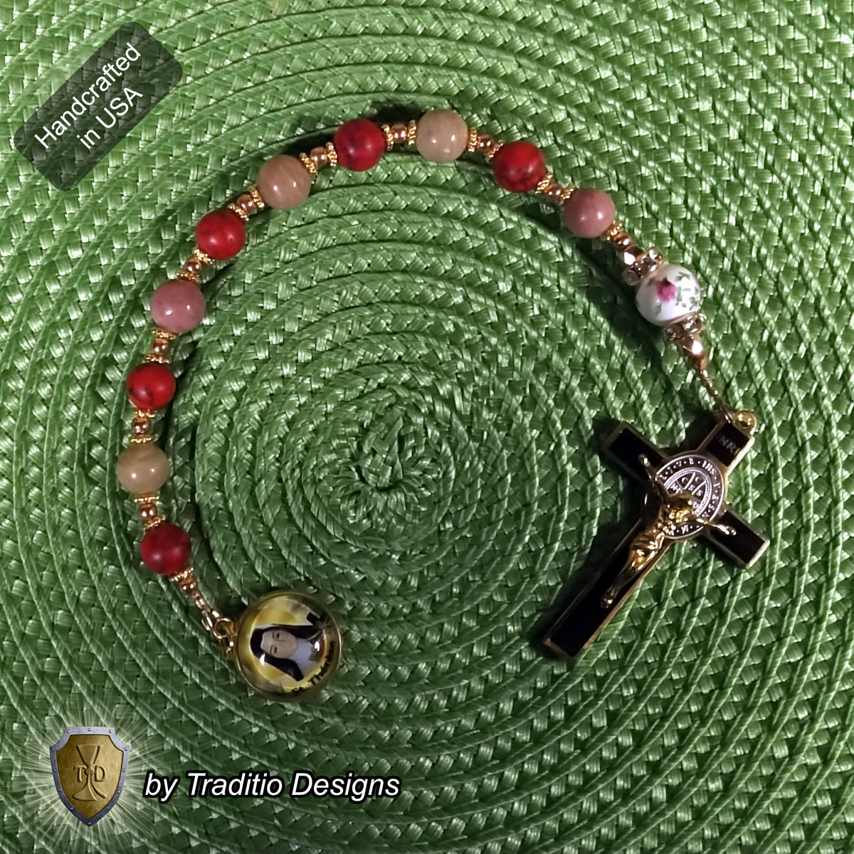 St. Thérèse of Lisieux Limited Edition Royal Decade Relic Rosary | Missionaries, Florists, Loss of Parents & Illness | 18K Gold | Rhodochrosite & Porcelain Roses | 3rd Class Relic