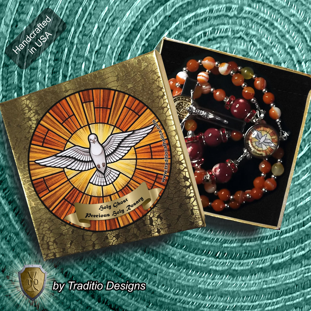 Holy Ghost Limited Edition Majestic Rosary | Wisdom, Counsel, Seven Gifts & Fruits of the Spirit | 18K Gold & Silver | Red Stripe Carnelian & Fire Agate