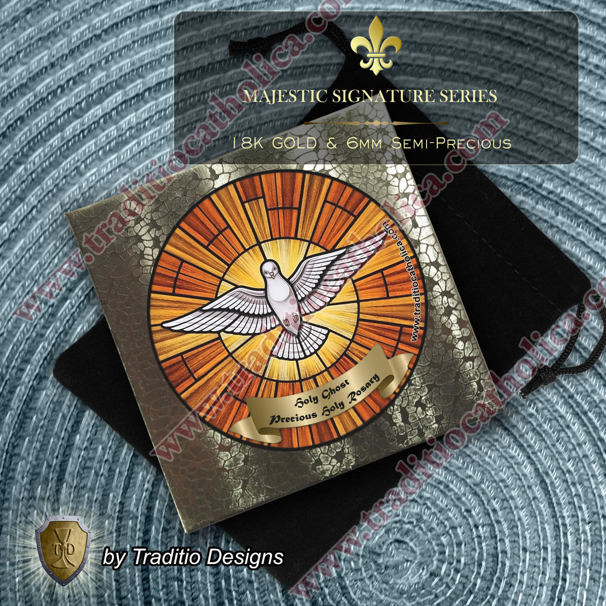 Holy Ghost Limited Edition Majestic Rosary | Wisdom, Counsel, Seven Gifts & Fruits of the Spirit | 18K Gold & Silver | Red Stripe Carnelian & Fire Agate