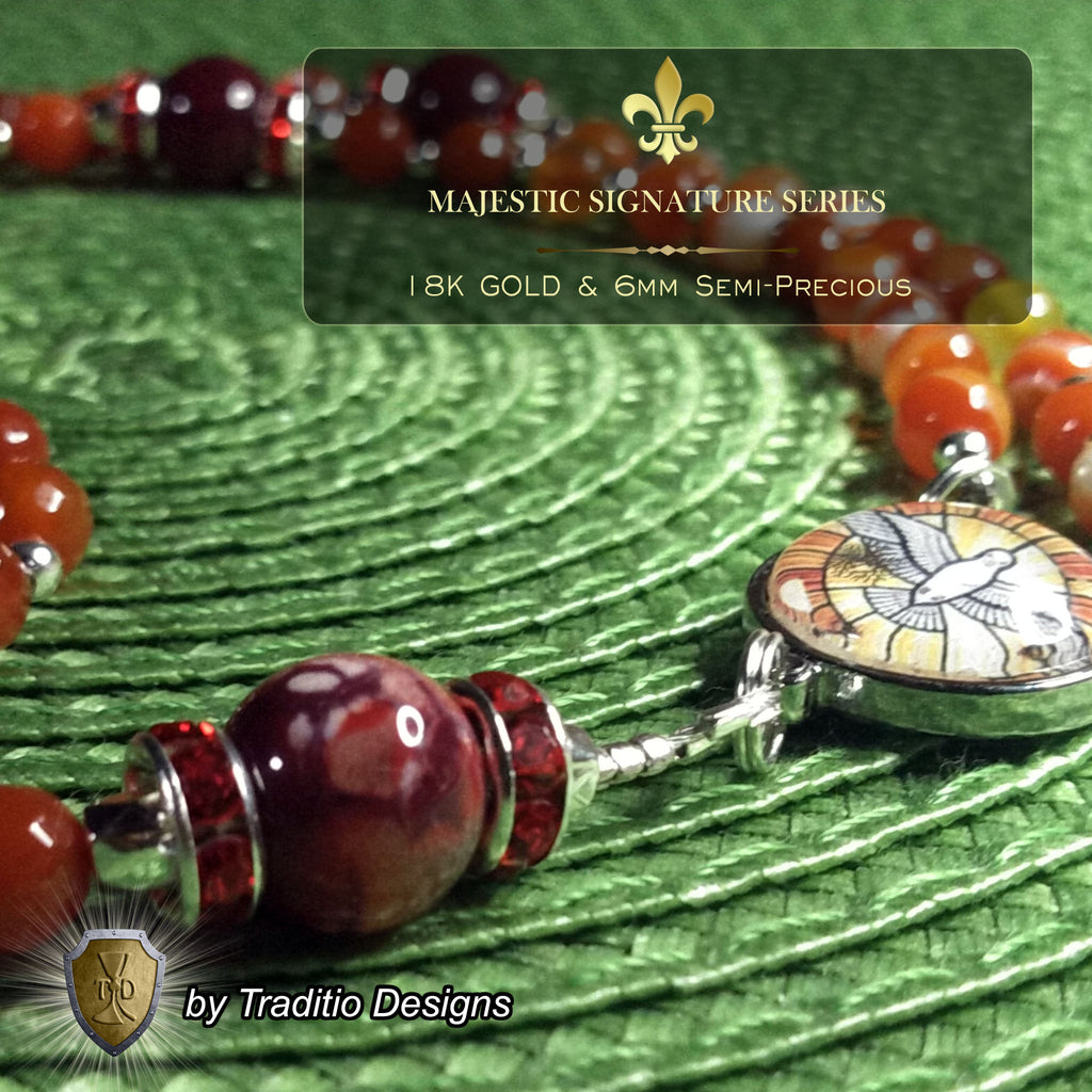 Holy Ghost Limited Edition Majestic Rosary | Wisdom, Counsel, Seven Gifts & Fruits of the Spirit | 18K Gold & Silver | Red Stripe Carnelian & Fire Agate