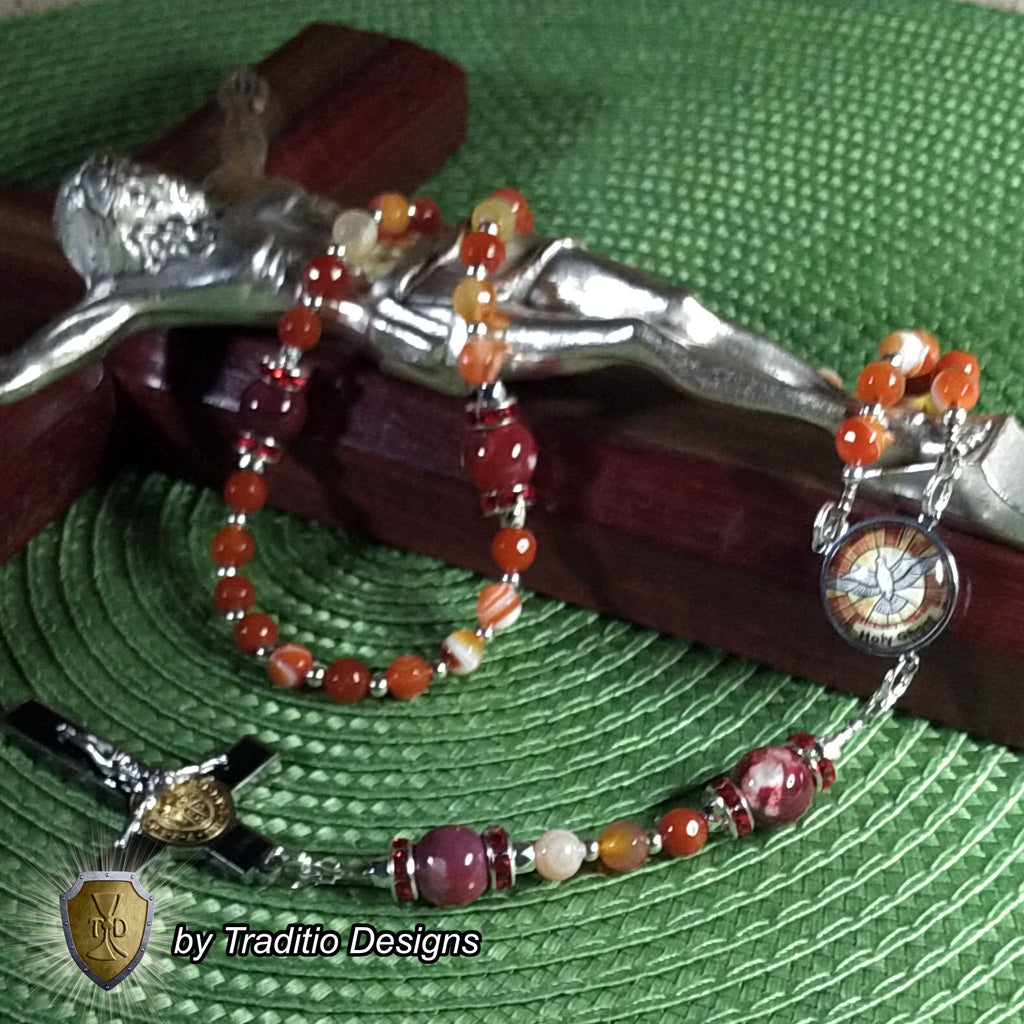 Holy Ghost Limited Edition Majestic Rosary | Wisdom, Counsel, Seven Gifts & Fruits of the Spirit | 18K Gold & Silver | Red Stripe Carnelian & Fire Agate