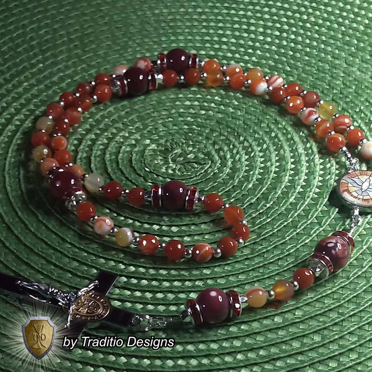 Holy Ghost Limited Edition Majestic Rosary | Wisdom, Counsel, Seven Gifts & Fruits of the Spirit | 18K Gold & Silver | Red Stripe Carnelian & Fire Agate