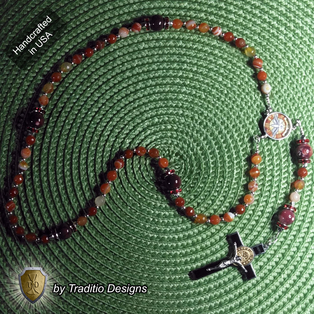 Holy Ghost Limited Edition Majestic Rosary | Wisdom, Counsel, Seven Gifts & Fruits of the Spirit | 18K Gold & Silver | Red Stripe Carnelian & Fire Agate