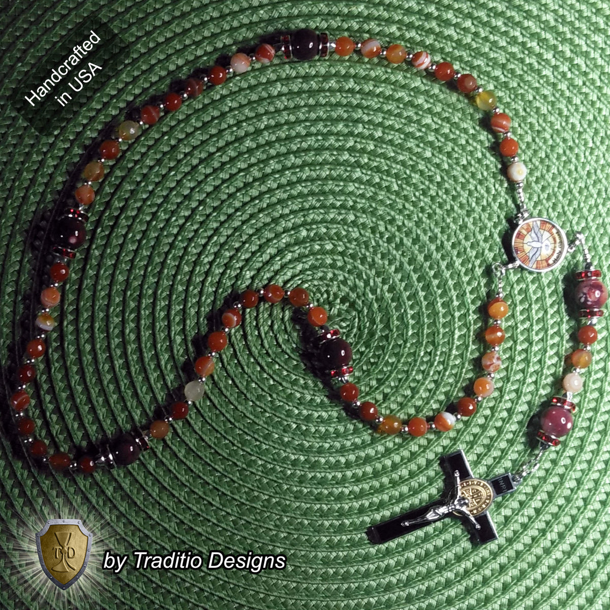 Holy Ghost Limited Edition Majestic Rosary | Wisdom, Counsel, Seven Gifts & Fruits of the Spirit | 18K Gold & Silver | Red Stripe Carnelian & Fire Agate