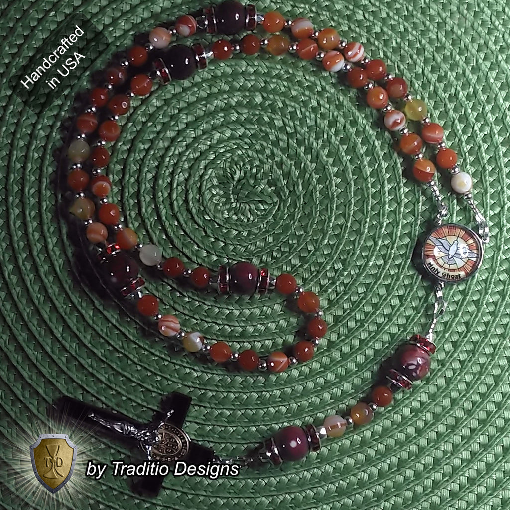Holy Ghost Limited Edition Majestic Rosary | Wisdom, Counsel, Seven Gifts & Fruits of the Spirit | 18K Gold & Silver | Red Stripe Carnelian & Fire Agate