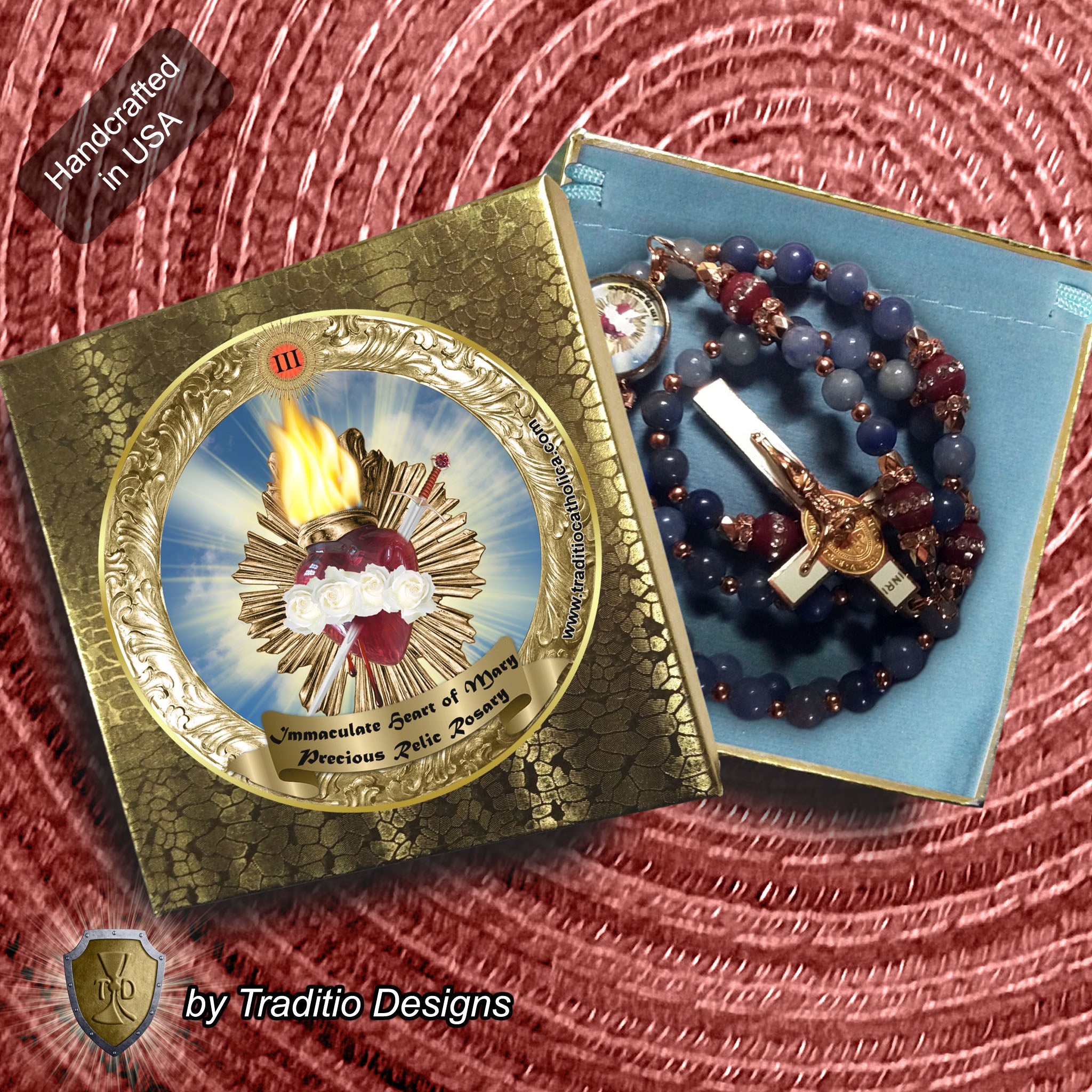 Immaculate Heart of Mary Limited Edition Majestic Relic Rosary | 18K Rose Gold | Blue Aventurine & Red Carnelian | 3rd Class Relic of the Blessed Virgin Mary