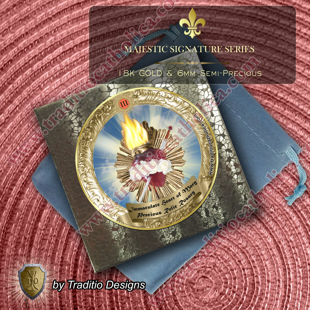 Immaculate Heart of Mary Limited Edition Majestic Relic Rosary | 18K Rose Gold | Blue Aventurine & Red Carnelian | 3rd Class Relic of the Blessed Virgin Mary