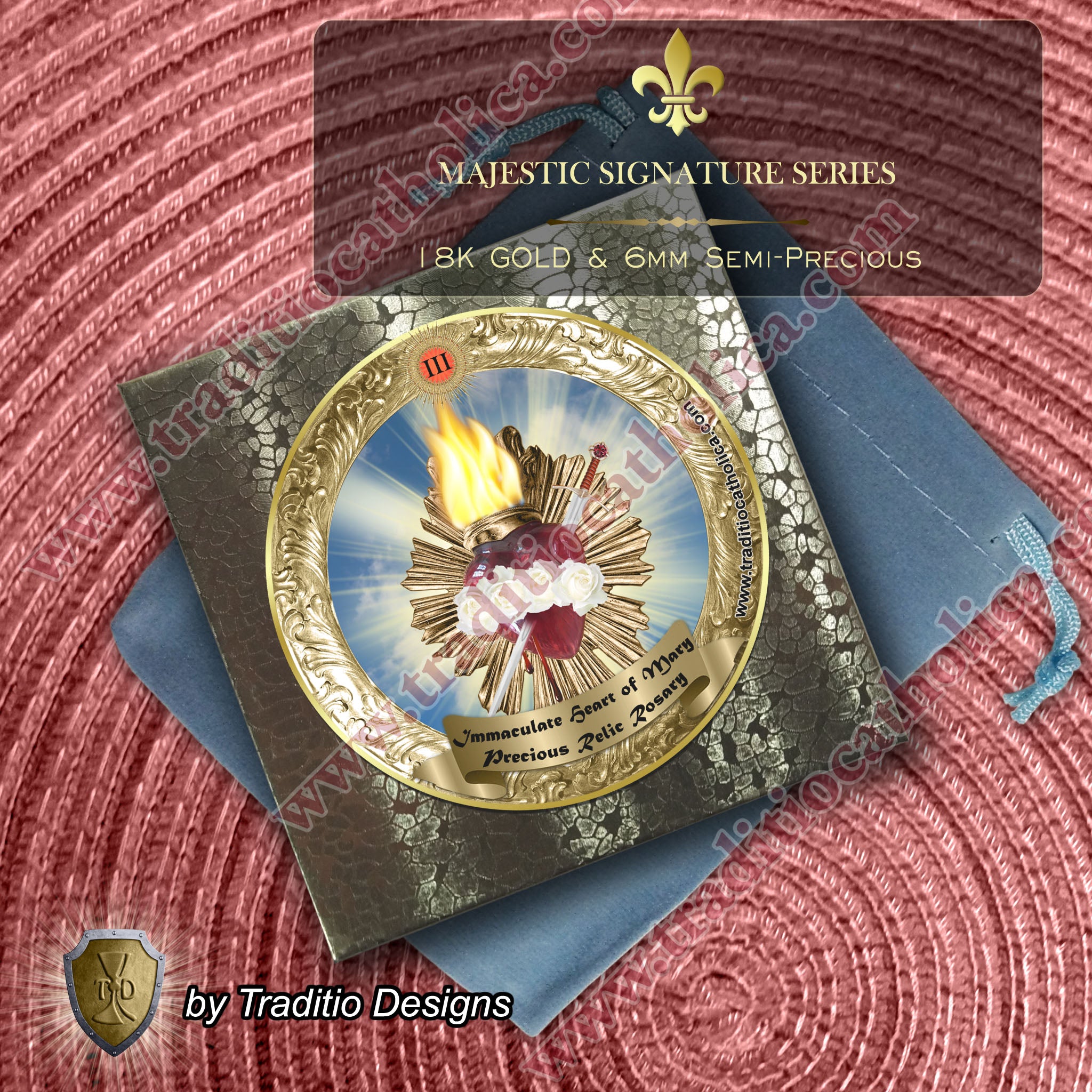 Immaculate Heart of Mary Limited Edition Majestic Relic Rosary | 18K Rose Gold | Blue Aventurine & Red Carnelian | 3rd Class Relic of the Blessed Virgin Mary