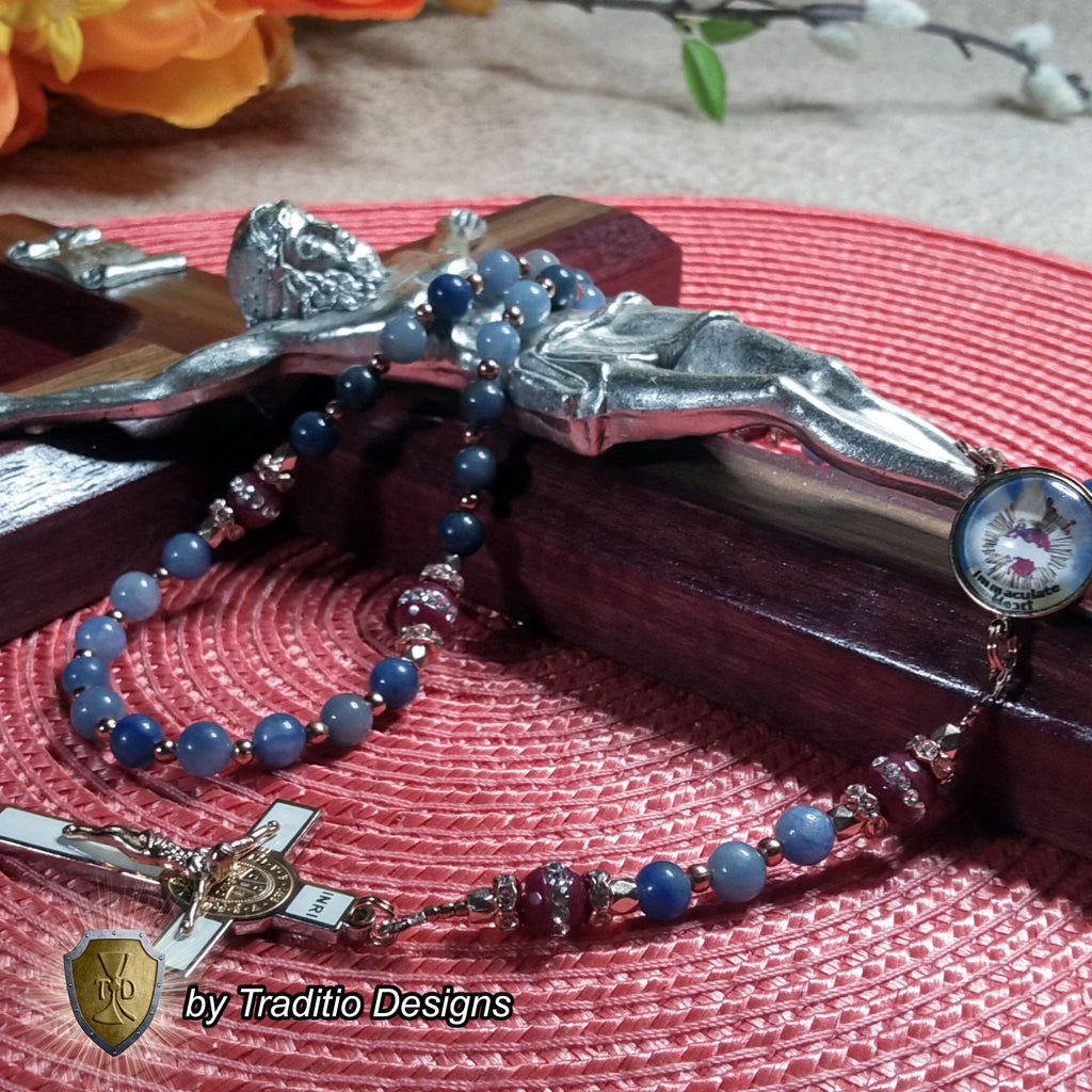 Immaculate Heart of Mary Limited Edition Majestic Relic Rosary | 18K Rose Gold | Blue Aventurine & Red Carnelian | 3rd Class Relic of the Blessed Virgin Mary