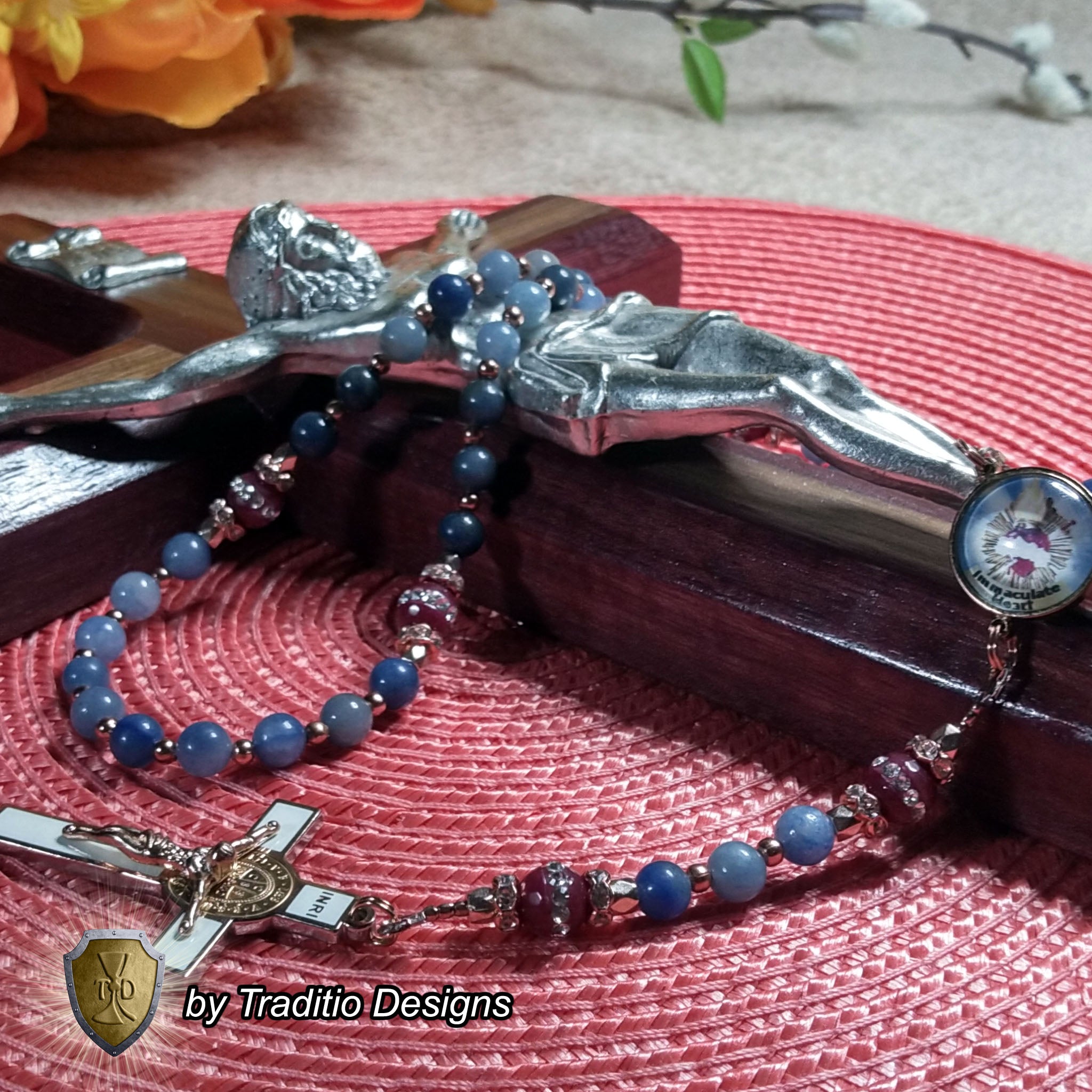 Immaculate Heart of Mary Limited Edition Majestic Relic Rosary | 18K Rose Gold | Blue Aventurine & Red Carnelian | 3rd Class Relic of the Blessed Virgin Mary