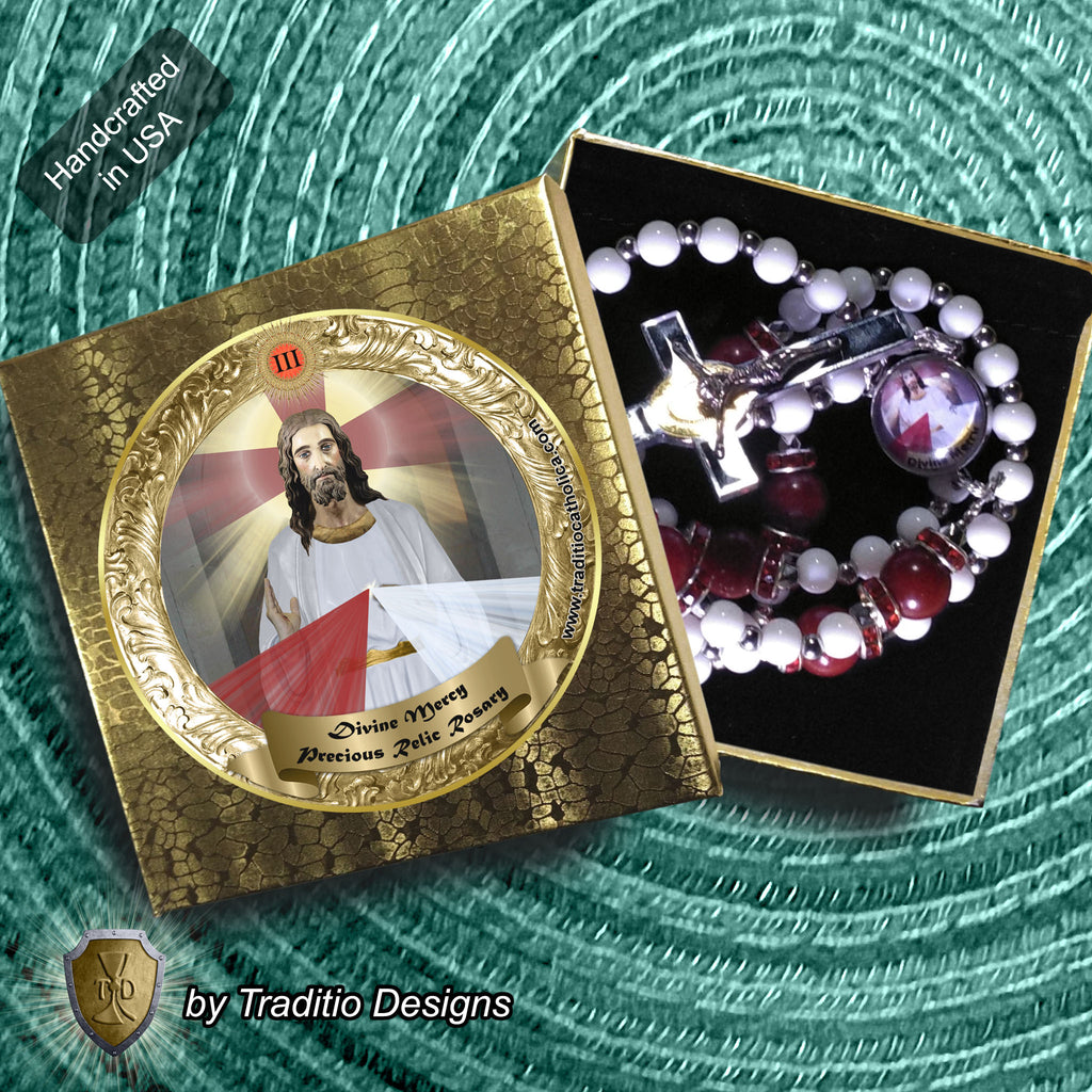 Divine Mercy Limited Edition Majestic Relic Rosary | 18K Gold Plated Accent | Divine Mercy Chaplet, Trust & Spiritual Healing | White Alabaster & Ruby Red Jade | 3rd Class Relic