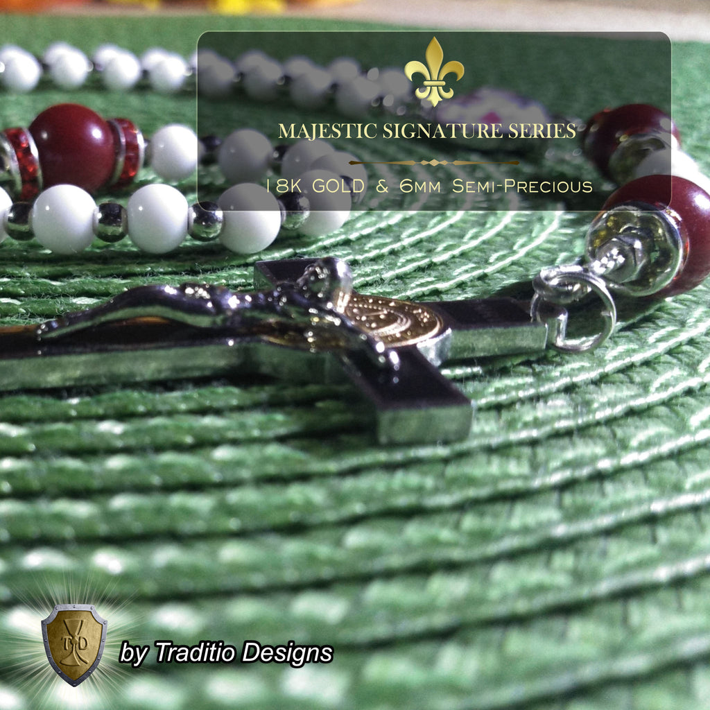 Divine Mercy Limited Edition Majestic Relic Rosary | 18K Gold Plated Accent | Divine Mercy Chaplet, Trust & Spiritual Healing | White Alabaster & Ruby Red Jade | 3rd Class Relic