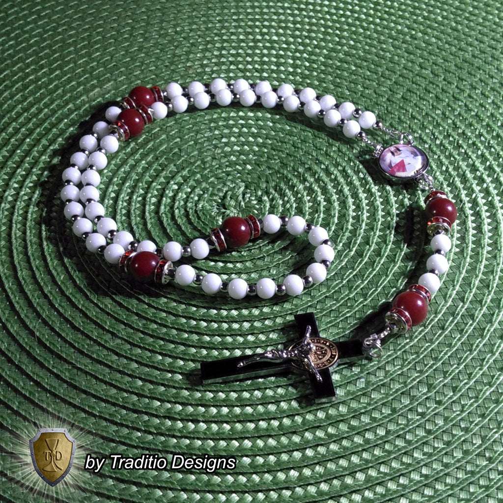 Divine Mercy Limited Edition Majestic Relic Rosary | 18K Gold Plated Accent | Divine Mercy Chaplet, Trust & Spiritual Healing | White Alabaster & Ruby Red Jade | 3rd Class Relic