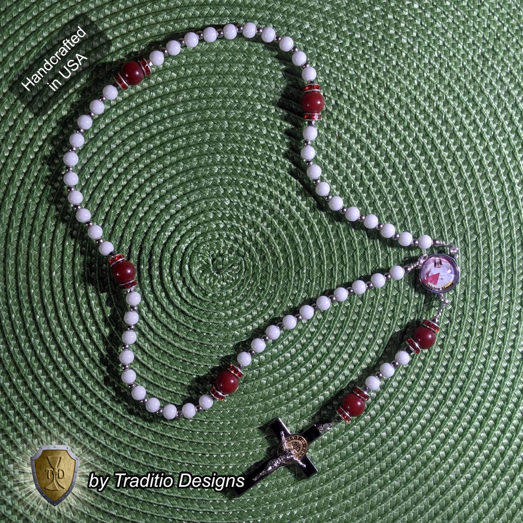 Divine Mercy Limited Edition Majestic Relic Rosary | 18K Gold Plated Accent | Divine Mercy Chaplet, Trust & Spiritual Healing | White Alabaster & Ruby Red Jade | 3rd Class Relic