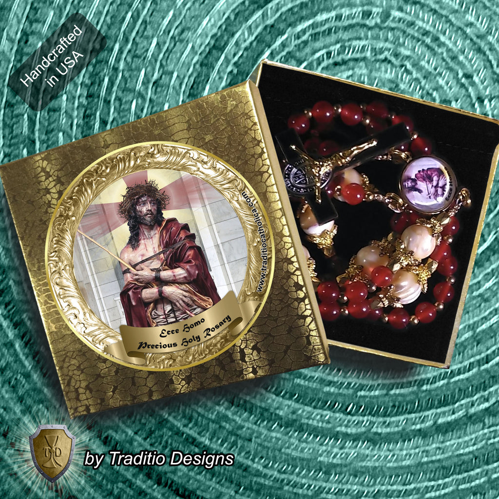 Ecce Homo Limited Edition Majestic Relic Rosary | 18K Gold Plated | Physical & Spiritual Healing, Strength & Salvation | Red Jade & Mother of Pearl | 3rd Class Relic