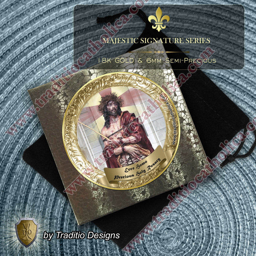 Ecce Homo Limited Edition Majestic Relic Rosary | 18K Gold Plated | Physical & Spiritual Healing, Strength & Salvation | Red Jade & Mother of Pearl | 3rd Class Relic