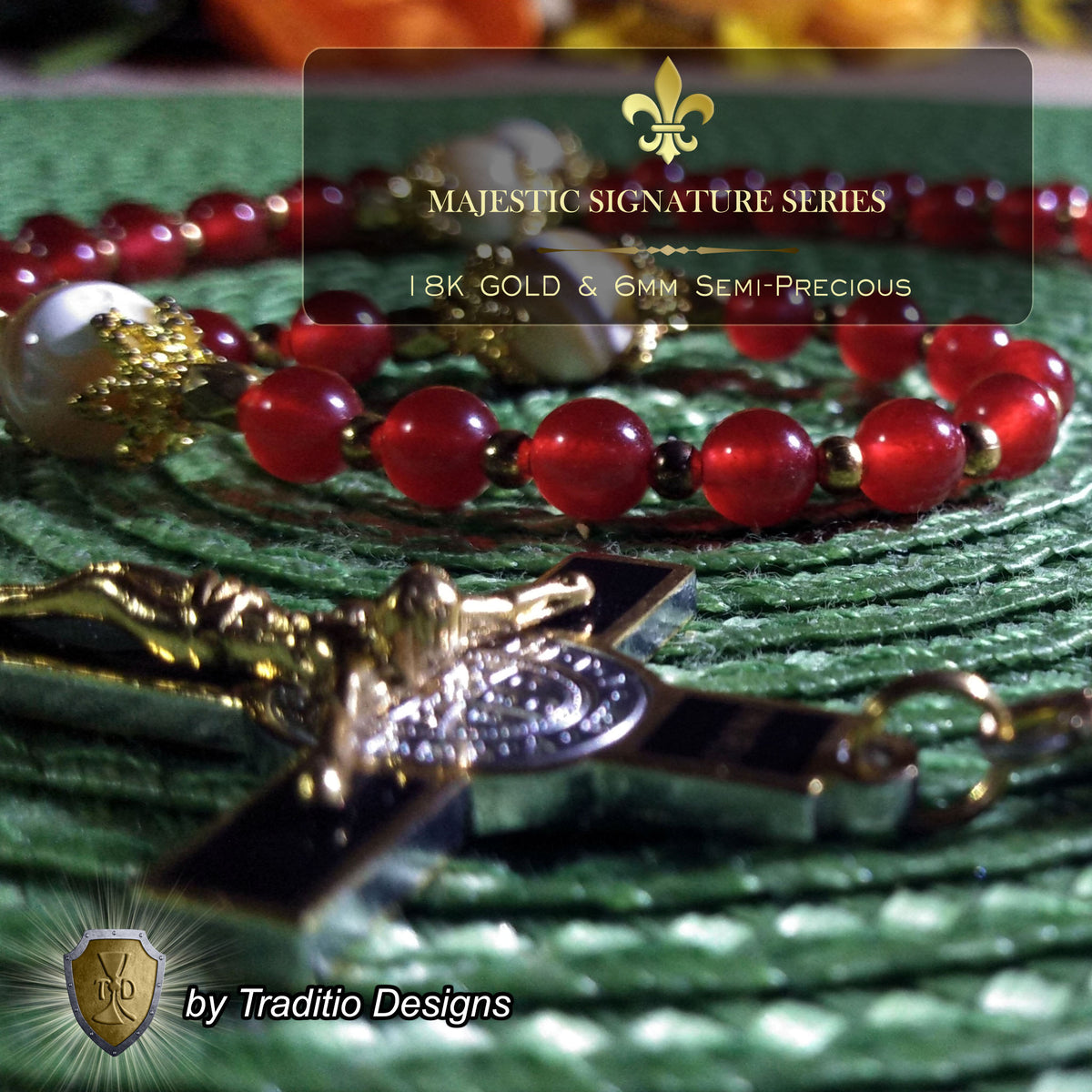 Ecce Homo Limited Edition Majestic Relic Rosary | 18K Gold Plated | Physical & Spiritual Healing, Strength & Salvation | Red Jade & Mother of Pearl | 3rd Class Relic