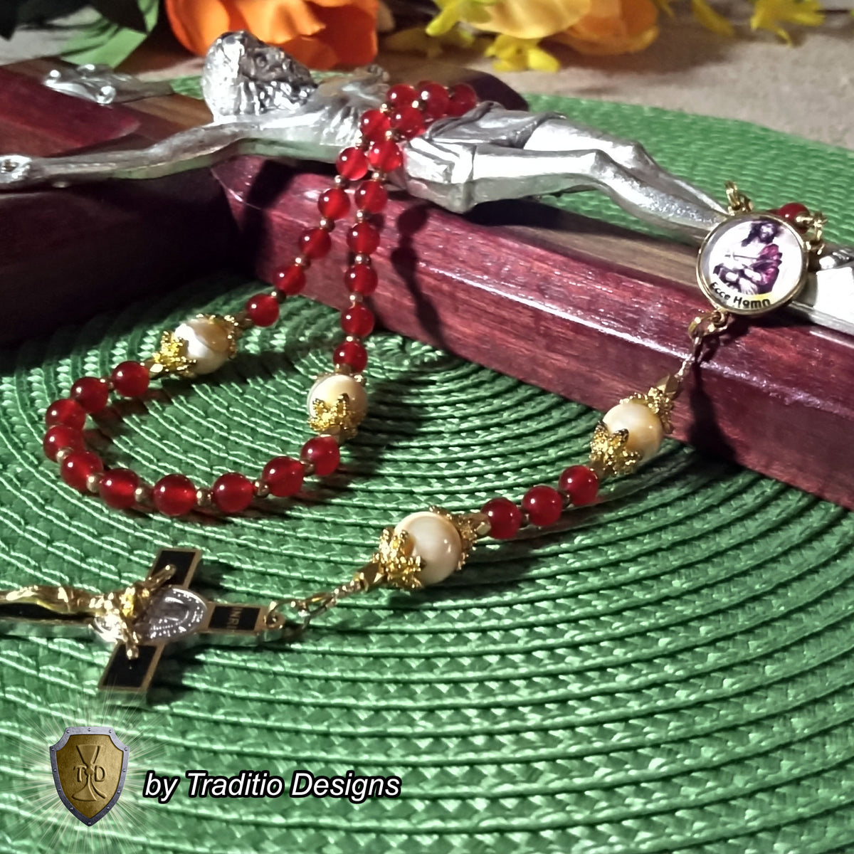 Ecce Homo Limited Edition Majestic Relic Rosary | 18K Gold Plated | Physical & Spiritual Healing, Strength & Salvation | Red Jade & Mother of Pearl | 3rd Class Relic