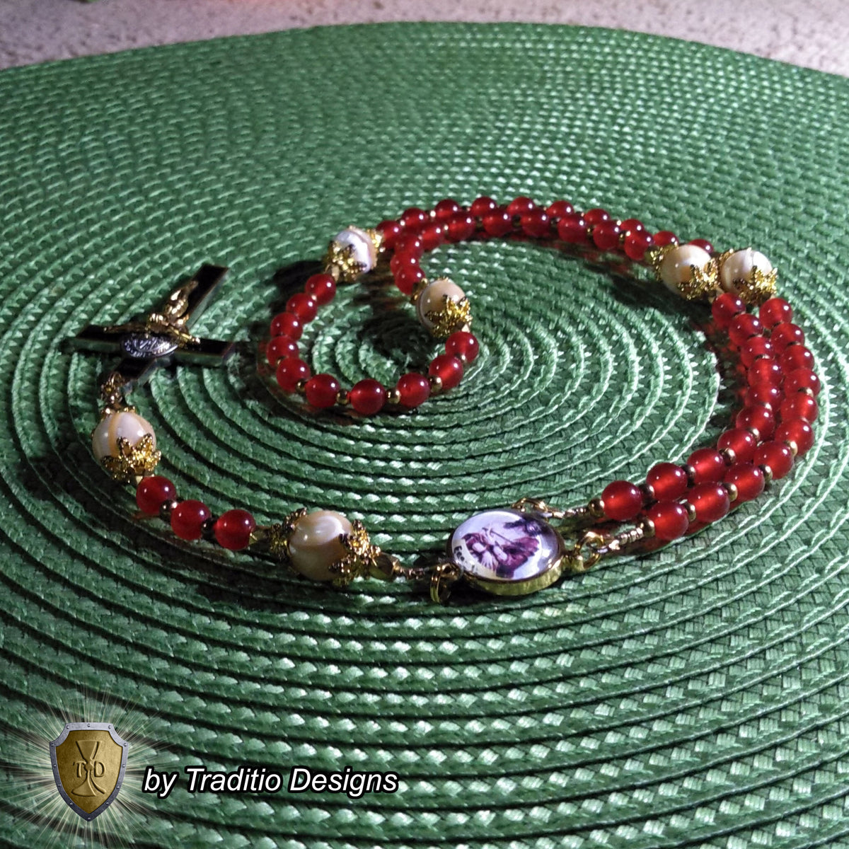 Ecce Homo Limited Edition Majestic Relic Rosary | 18K Gold Plated | Physical & Spiritual Healing, Strength & Salvation | Red Jade & Mother of Pearl | 3rd Class Relic