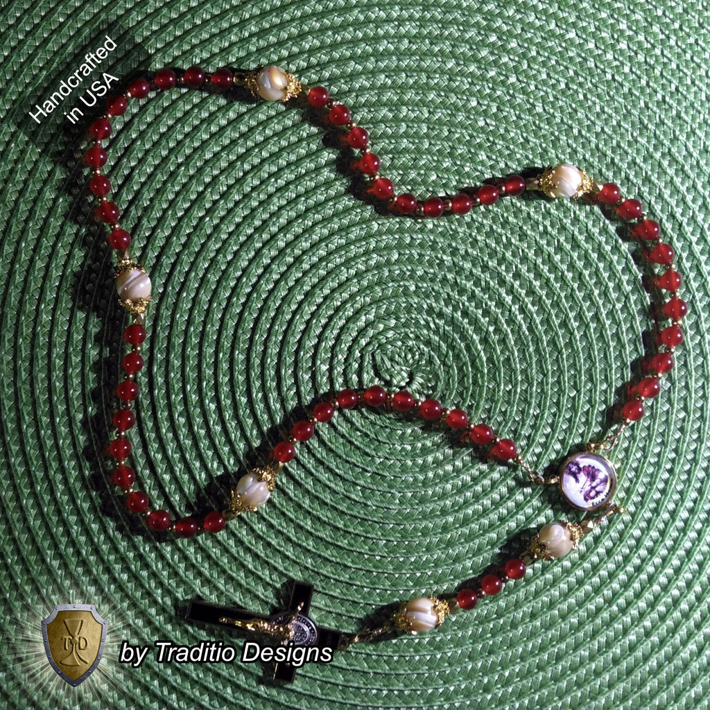 Ecce Homo Limited Edition Majestic Relic Rosary | 18K Gold Plated | Physical & Spiritual Healing, Strength & Salvation | Red Jade & Mother of Pearl | 3rd Class Relic
