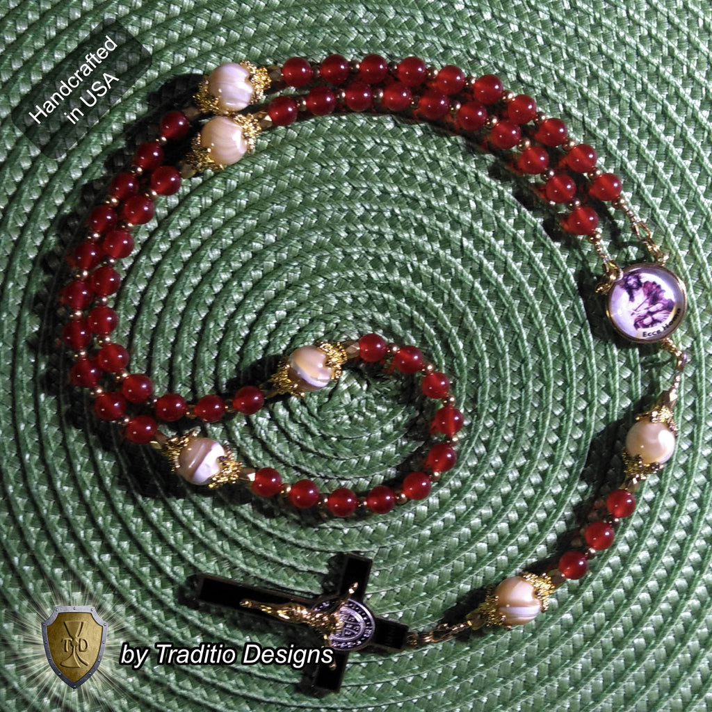 Ecce Homo Limited Edition Majestic Relic Rosary | 18K Gold Plated | Physical & Spiritual Healing, Strength & Salvation | Red Jade & Mother of Pearl | 3rd Class Relic