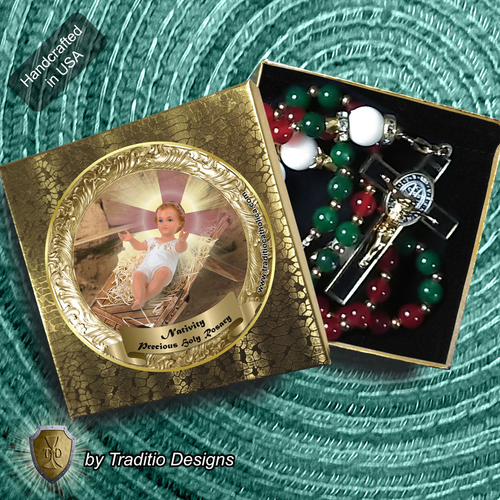 Nativity Majestic Limited Edition Rosary | 18K Gold Plated | Incarnation, Family Peace & Hope | Red & Green Jade & White Alabaster