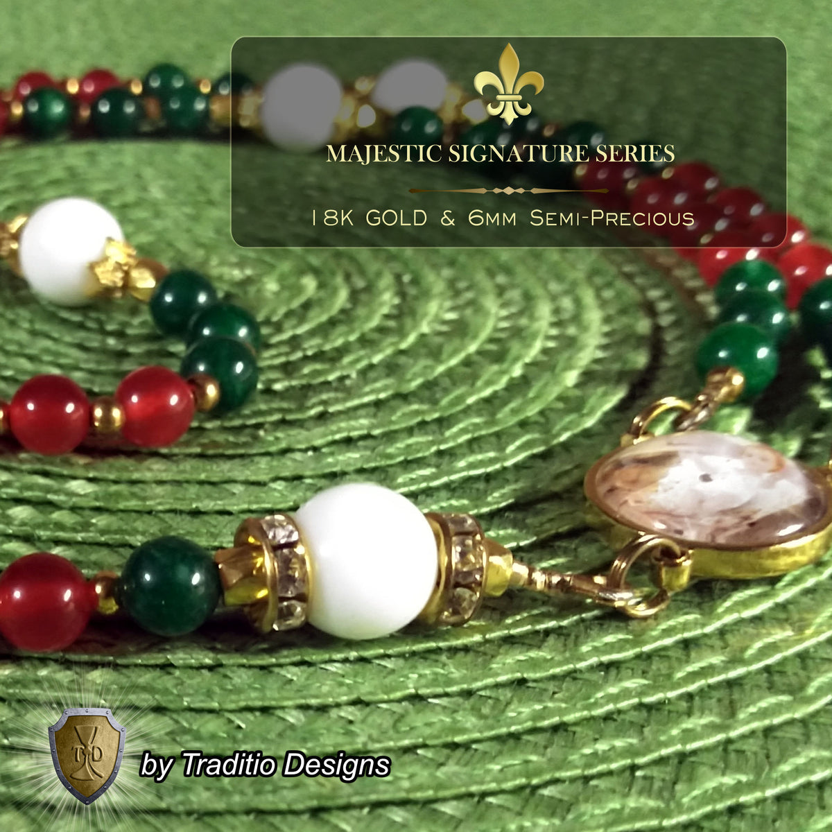 Nativity Majestic Limited Edition Rosary | 18K Gold Plated | Incarnation, Family Peace & Hope | Red & Green Jade & White Alabaster