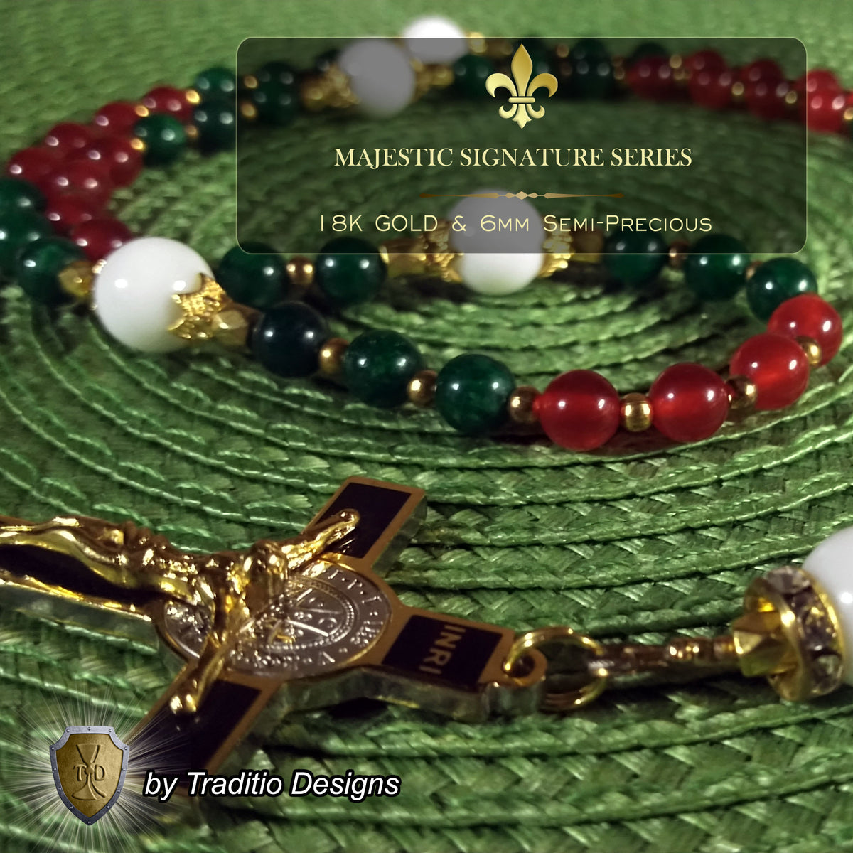 Nativity Majestic Limited Edition Rosary | 18K Gold Plated | Incarnation, Family Peace & Hope | Red & Green Jade & White Alabaster