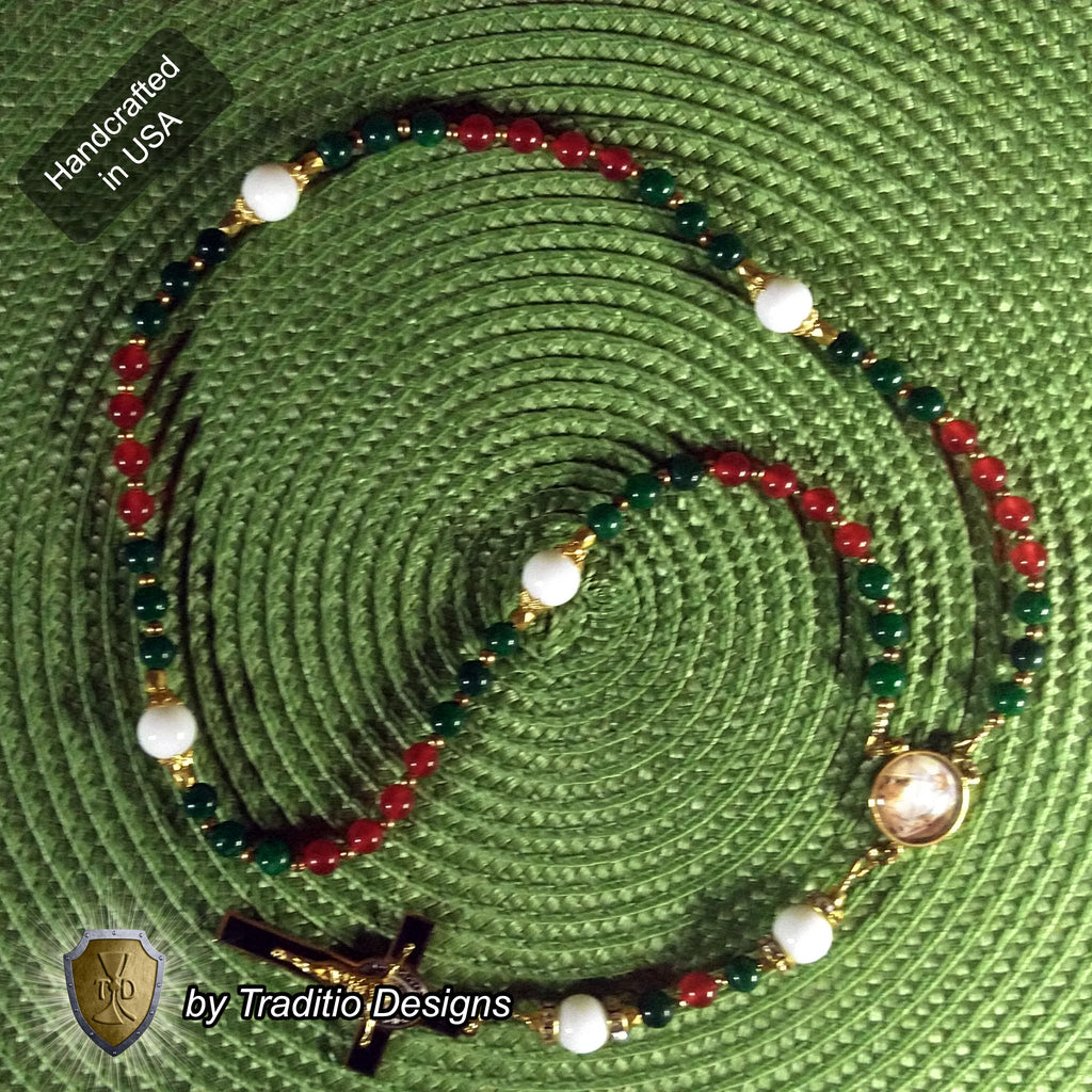 Nativity Majestic Limited Edition Rosary | 18K Gold Plated | Incarnation, Family Peace & Hope | Red & Green Jade & White Alabaster