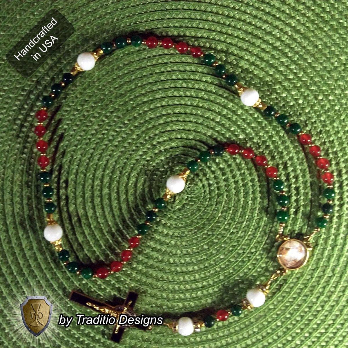 Nativity Majestic Limited Edition Rosary | 18K Gold Plated | Incarnation, Family Peace & Hope | Red & Green Jade & White Alabaster