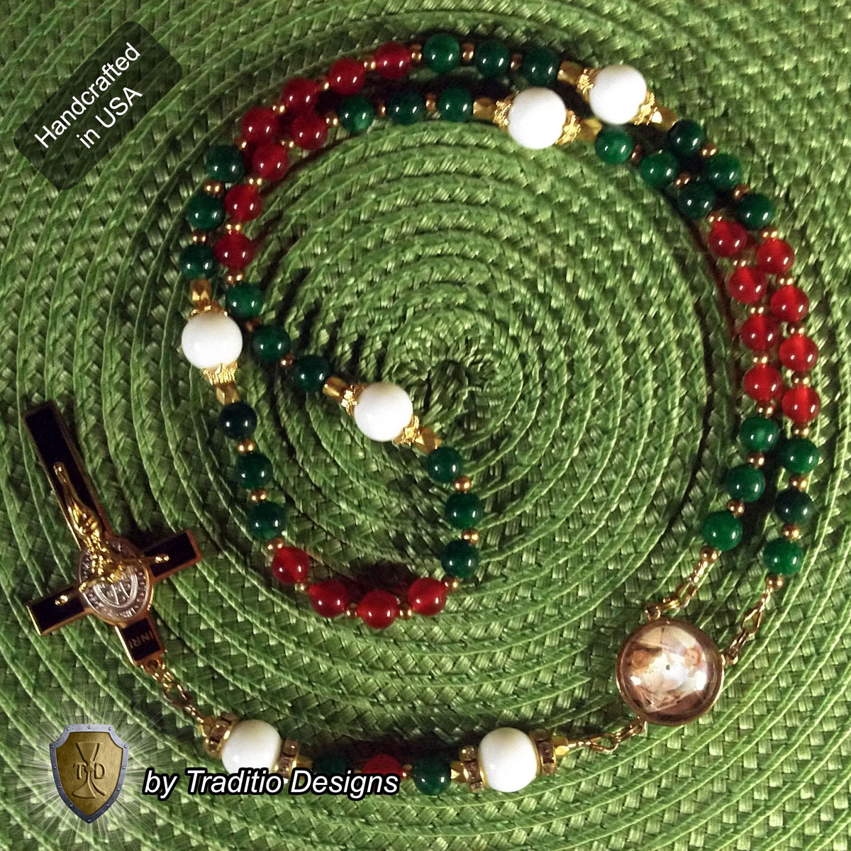 Nativity Majestic Limited Edition Rosary | 18K Gold Plated | Incarnation, Family Peace & Hope | Red & Green Jade & White Alabaster