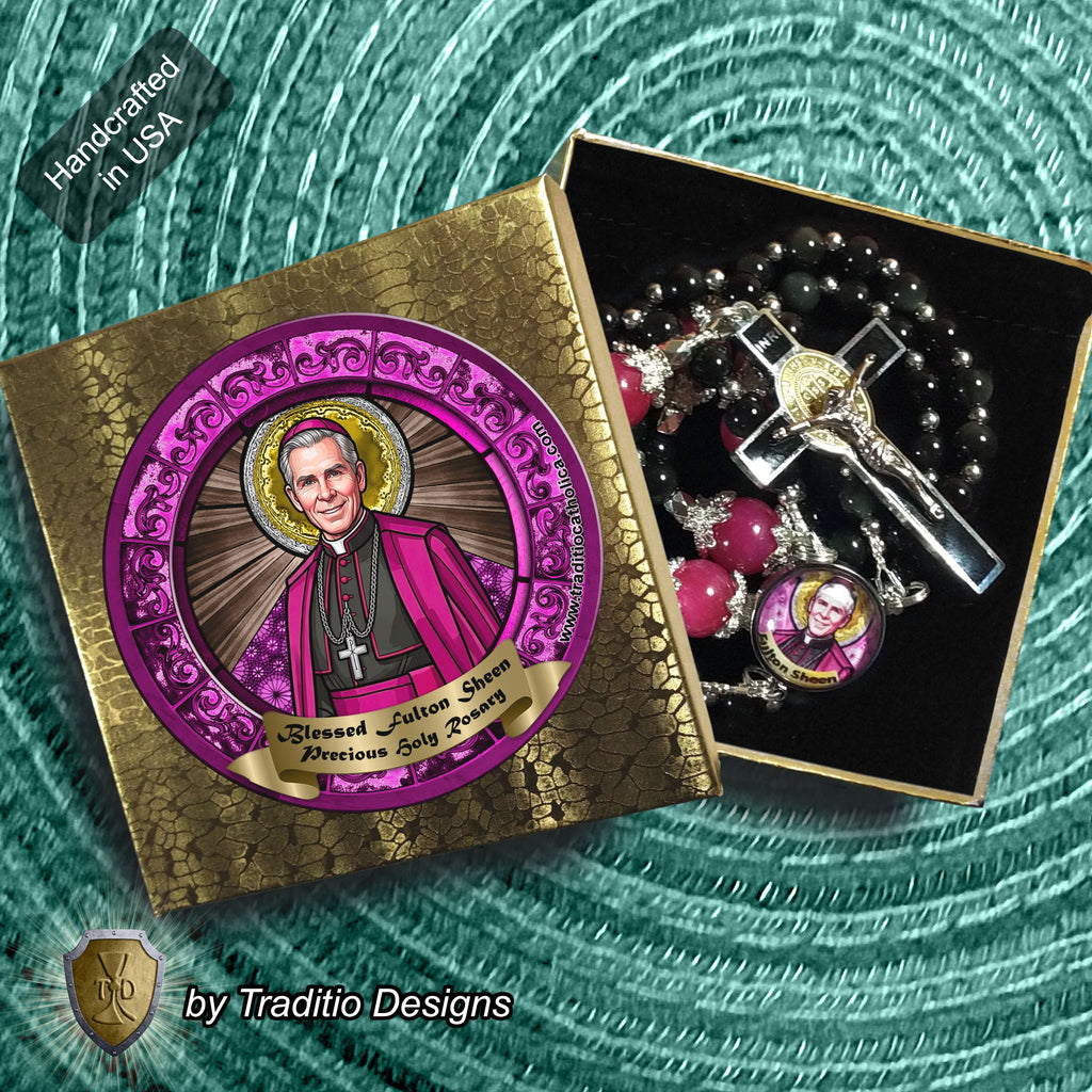 Bl. Fulton J. Sheen Limited Edition Majestic Rosary | Infant Health, Heart Relief & Broadcasters | 18K Gold & Onyx Black Gold | Black Obsidian & Red Jade