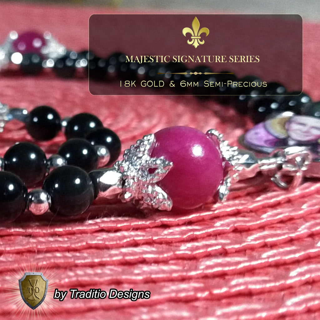 Bl. Fulton J. Sheen Limited Edition Majestic Rosary | Infant Health, Heart Relief & Broadcasters | 18K Gold & Onyx Black Gold | Black Obsidian & Red Jade