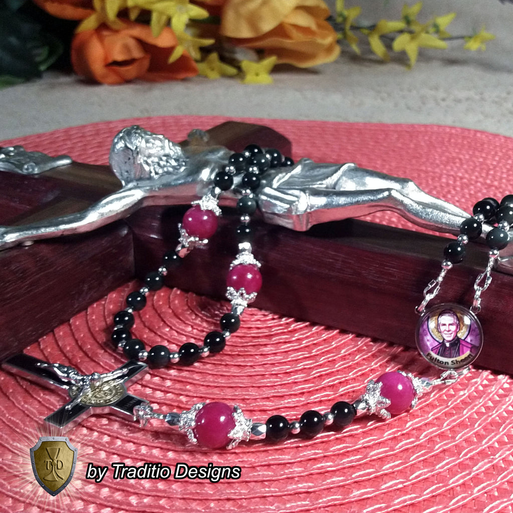 Bl. Fulton J. Sheen Limited Edition Majestic Rosary | Infant Health, Heart Relief & Broadcasters | 18K Gold & Onyx Black Gold | Black Obsidian & Red Jade