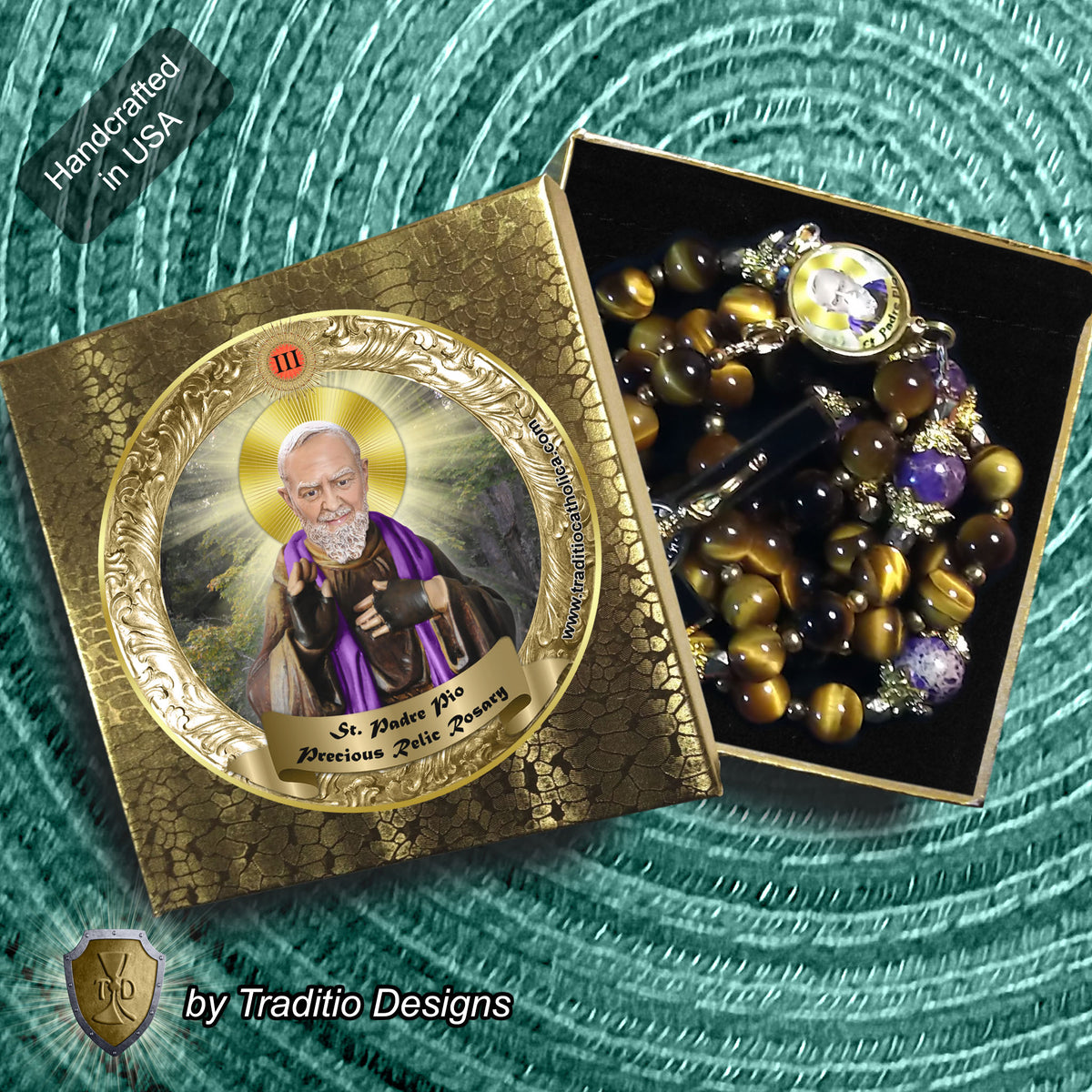 St. Padre Pio Limited Edition Majestic Relic Rosary | 18K Gold Plated | Physical & Mental Healing, Stress Relief & Confessors | Tiger's Eye & Purple Emperor Jasper | 3rd Class Relic