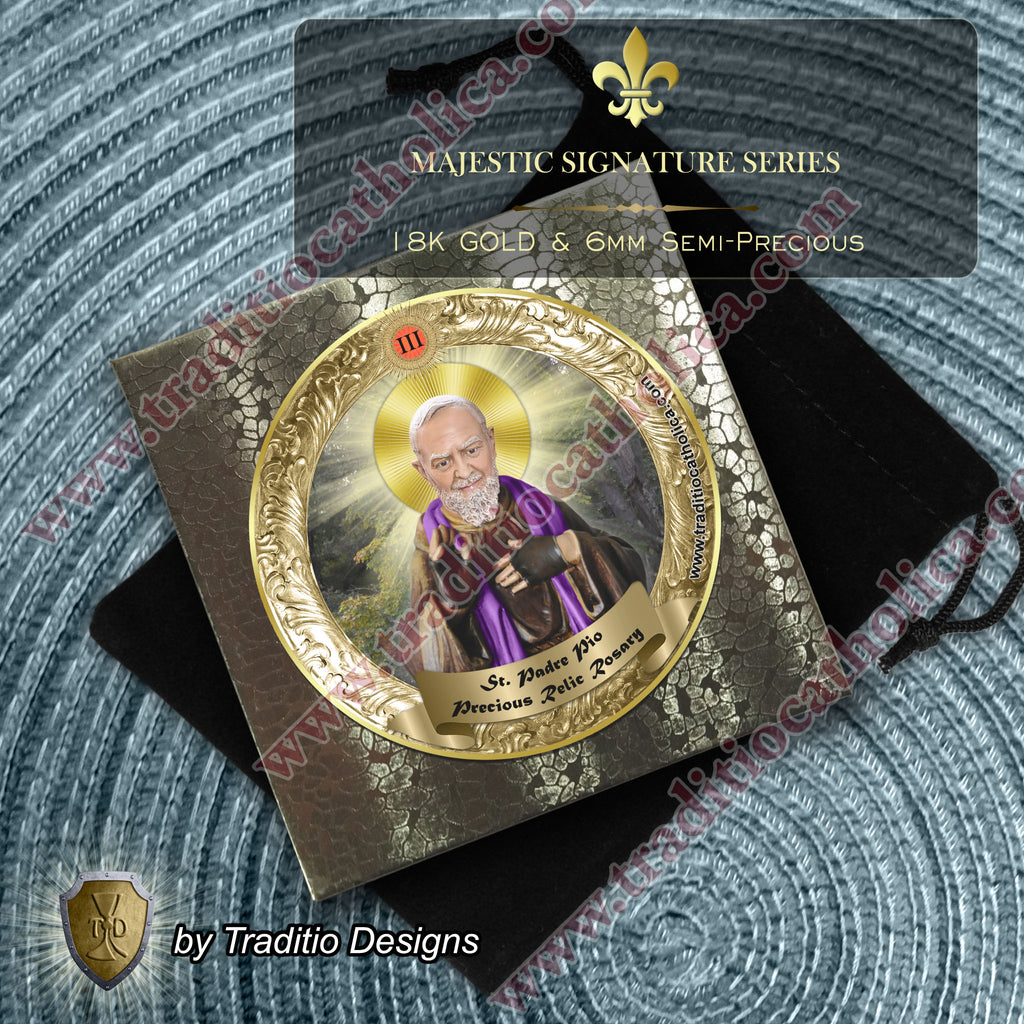 St. Padre Pio Limited Edition Majestic Relic Rosary | 18K Gold Plated | Physical & Mental Healing, Stress Relief & Confessors | Tiger's Eye & Purple Emperor Jasper | 3rd Class Relic