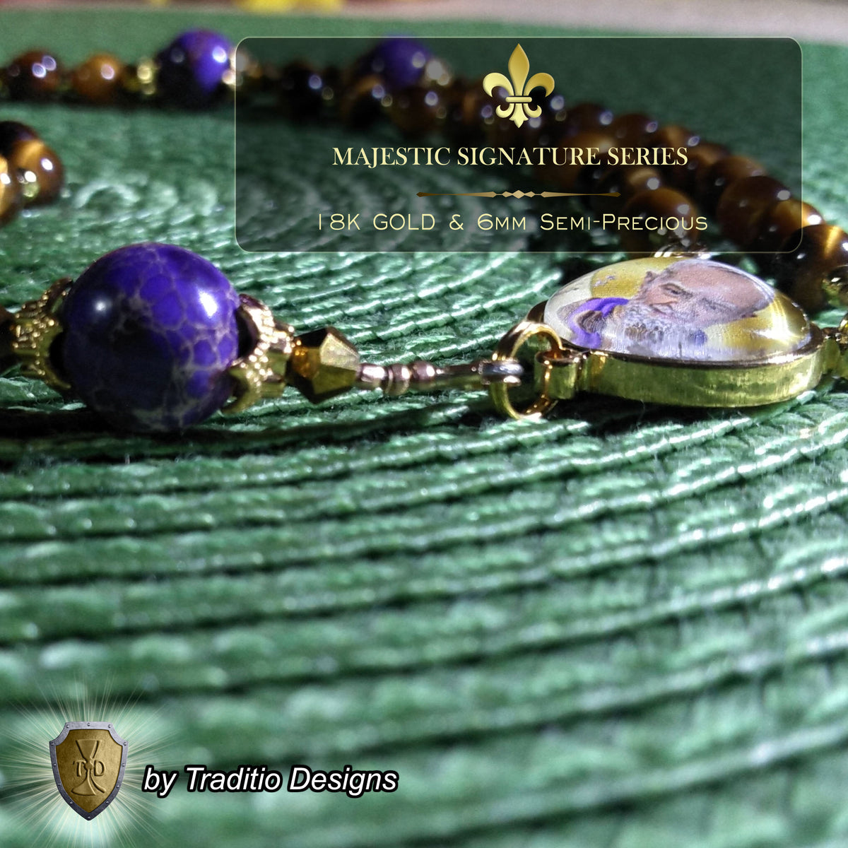 St. Padre Pio Limited Edition Majestic Relic Rosary | 18K Gold Plated | Physical & Mental Healing, Stress Relief & Confessors | Tiger's Eye & Purple Emperor Jasper | 3rd Class Relic
