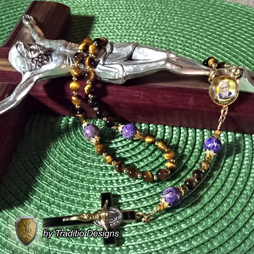 St. Padre Pio Limited Edition Majestic Relic Rosary | 18K Gold Plated | Physical & Mental Healing, Stress Relief & Confessors | Tiger's Eye & Purple Emperor Jasper | 3rd Class Relic