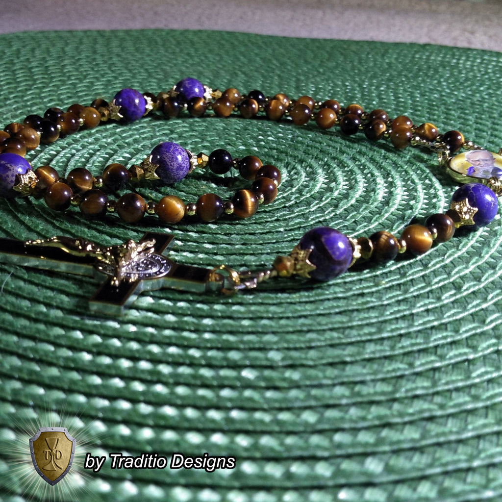 St. Padre Pio Limited Edition Majestic Relic Rosary | 18K Gold Plated | Physical & Mental Healing, Stress Relief & Confessors | Tiger's Eye & Purple Emperor Jasper | 3rd Class Relic